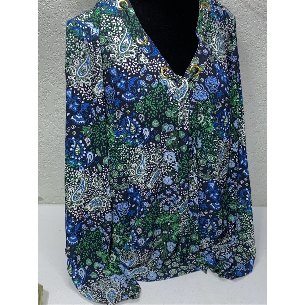 Michael Kors Womens Green Blue Paisley V-Neck Keyhole Blouse Long Sleeve Medium - Picture 2 of 5